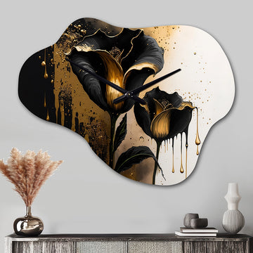 Black And Gold Cally Lillies - Asymmetric Metal Wall Clock